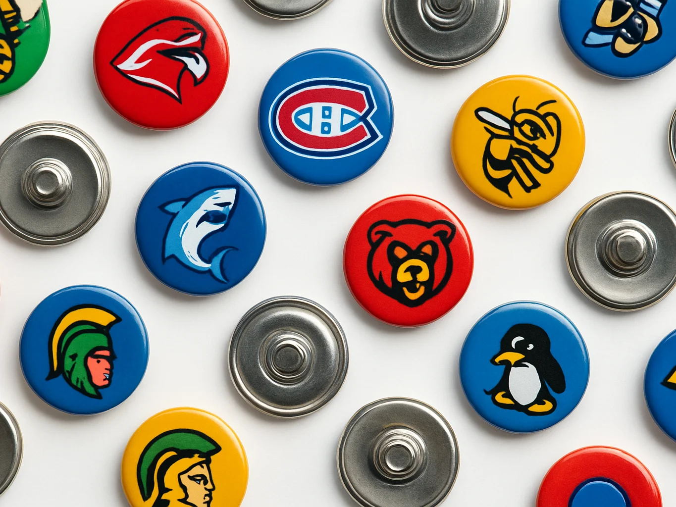 Overhead flat-lay of snap buttons featuring sports team emblems a