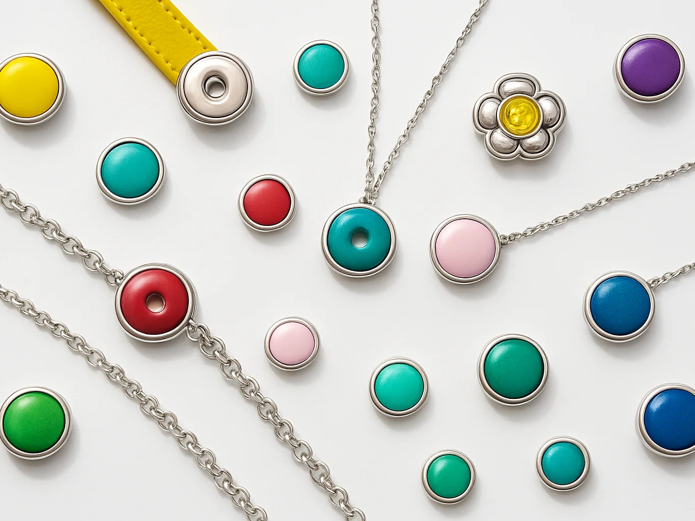 Overhead grouping of matching snap-button jewelry arranged for a
