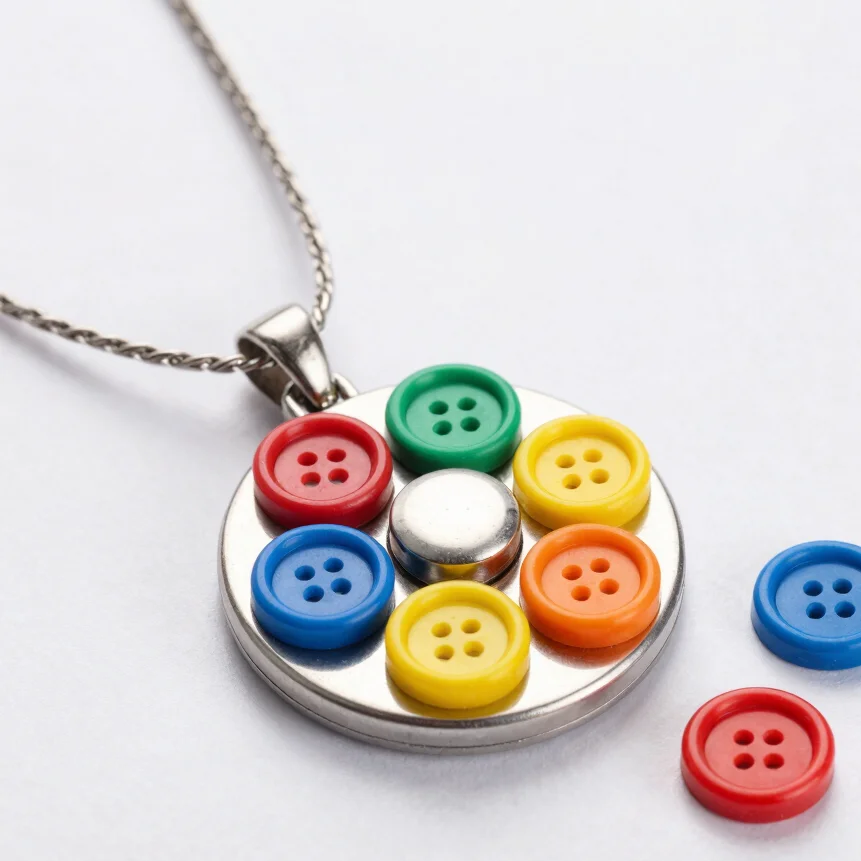 Close-up of a pendant necklace base with a rotating set of colorf