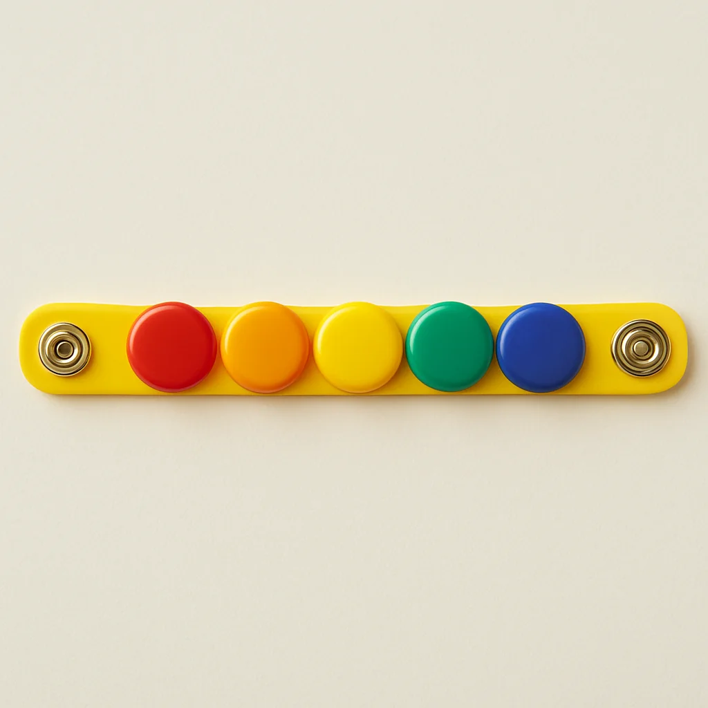 Overhead flat-lay of a bright snap-button bracelet with several s